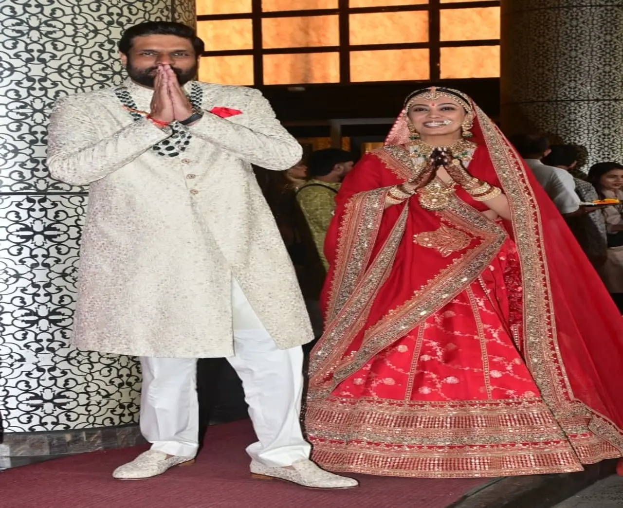 Newlyweds Ravi Bhagchandka and Eka Lakhani made their first public appearance post-wedding, beaming and greeting paps with folded hands